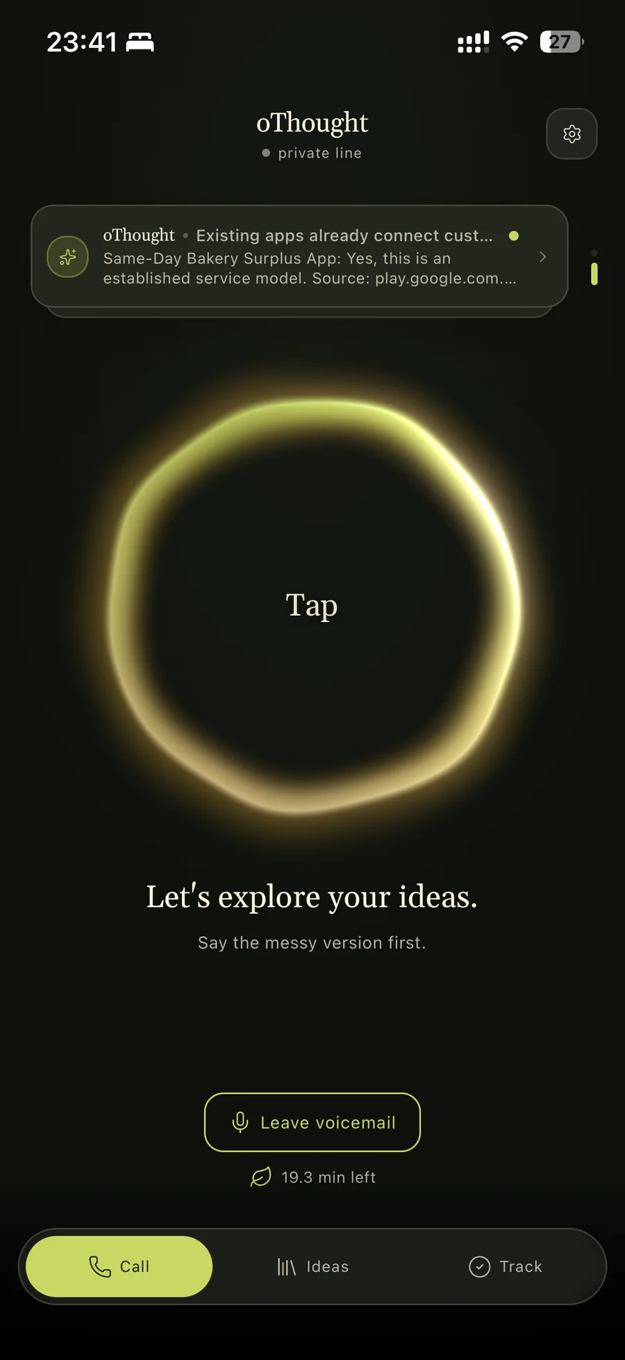 oThought call screen with the tap ring, voicemail button, and minute balance