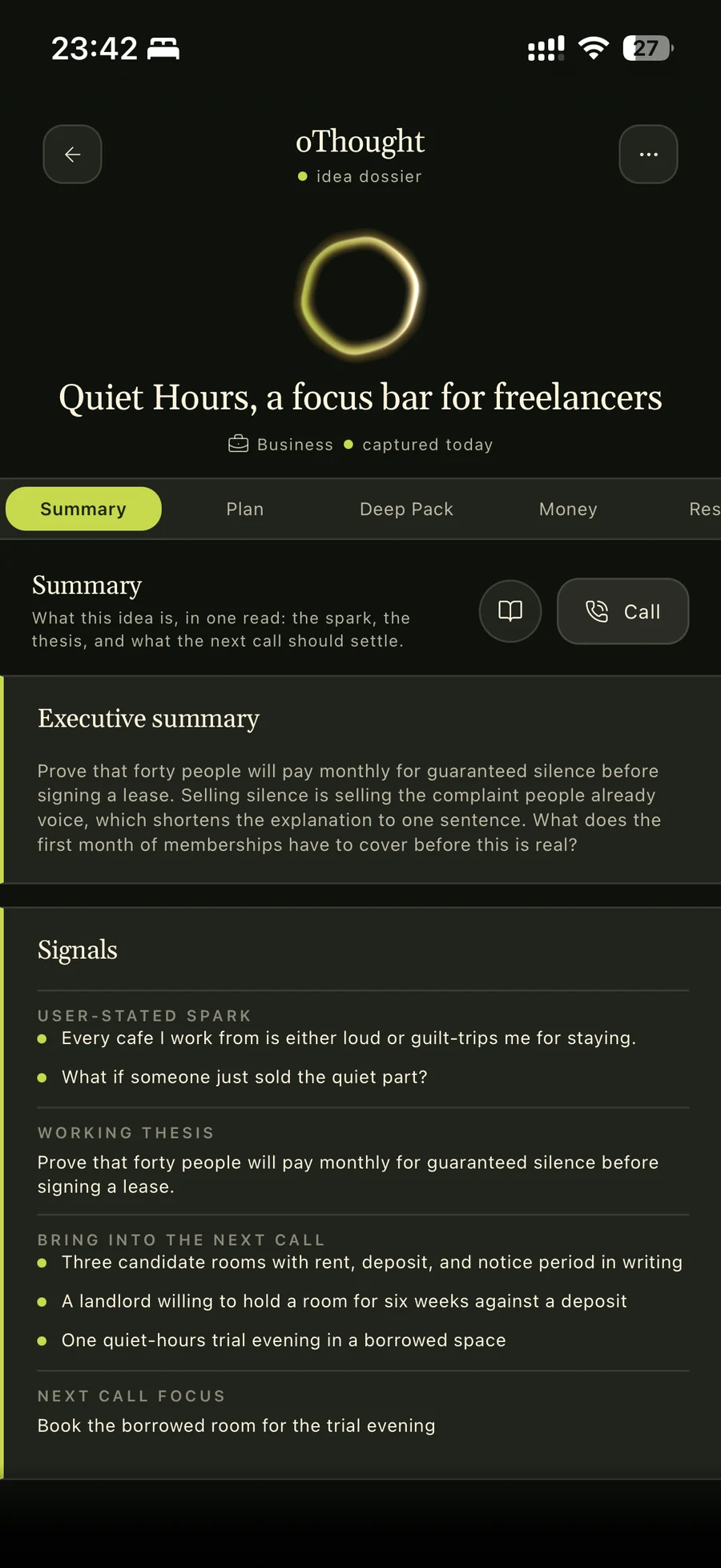 oThought idea dossier summary with executive summary, signals, and next best call