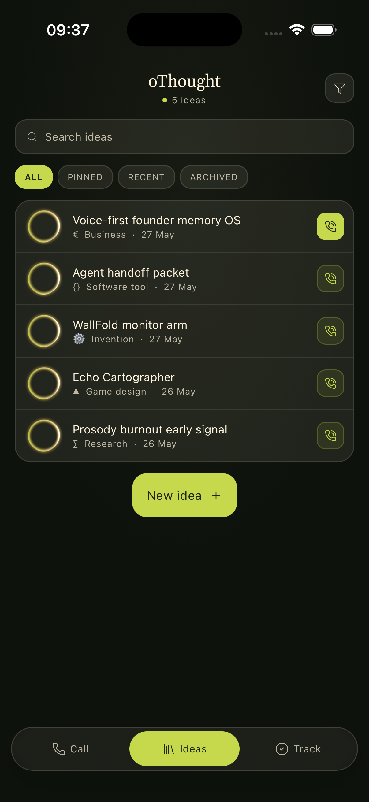 oThought idea library with saved ideas and bottom navigation