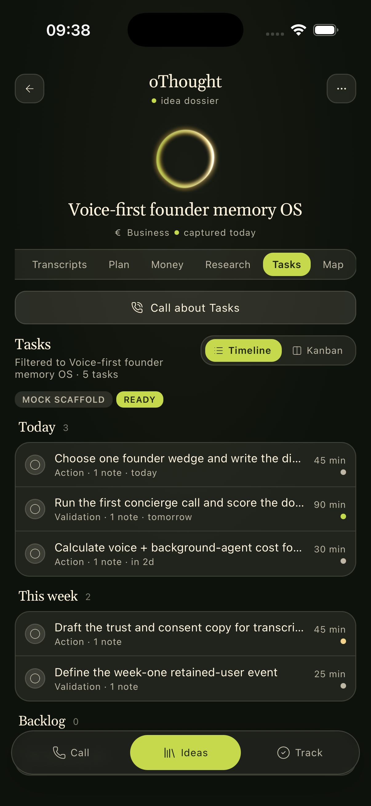 oThought tasks timeline filtered to one idea dossier